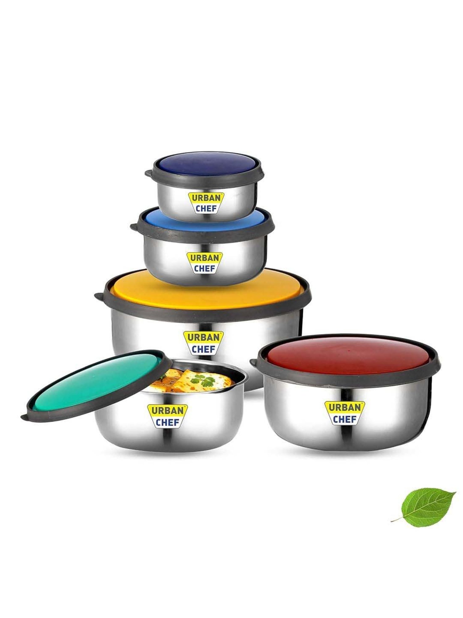 Urban Chef Multicolor Stainless Steel Fresca Push & Lock Bowl Storage Set With Lid - Set of 5