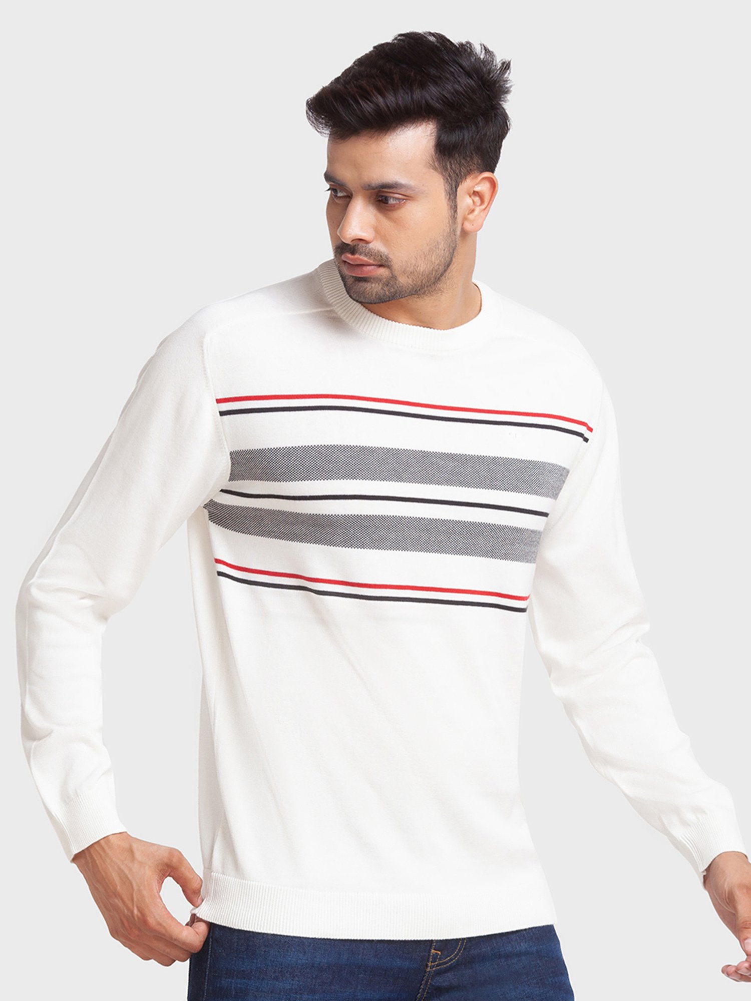 ColorPlus White Cotton Tailored Fit Striped Sweaters