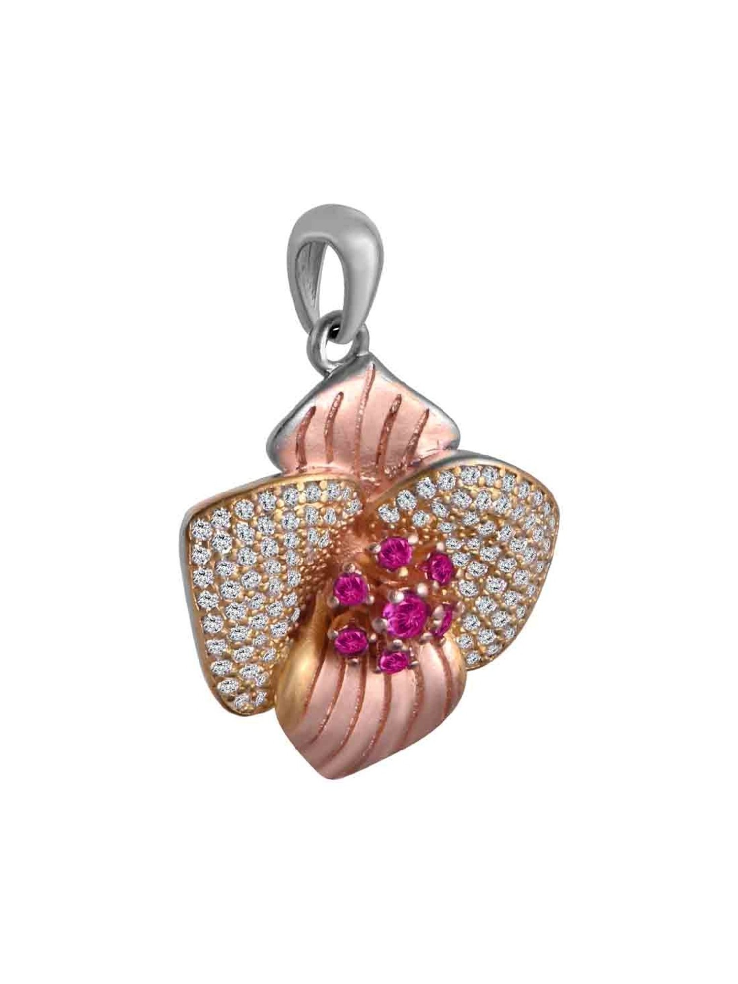 Rihi by P.C. Chandra Jewellers Petal With Pink Stone Flower Pendant And Earring Set (Without Chain)