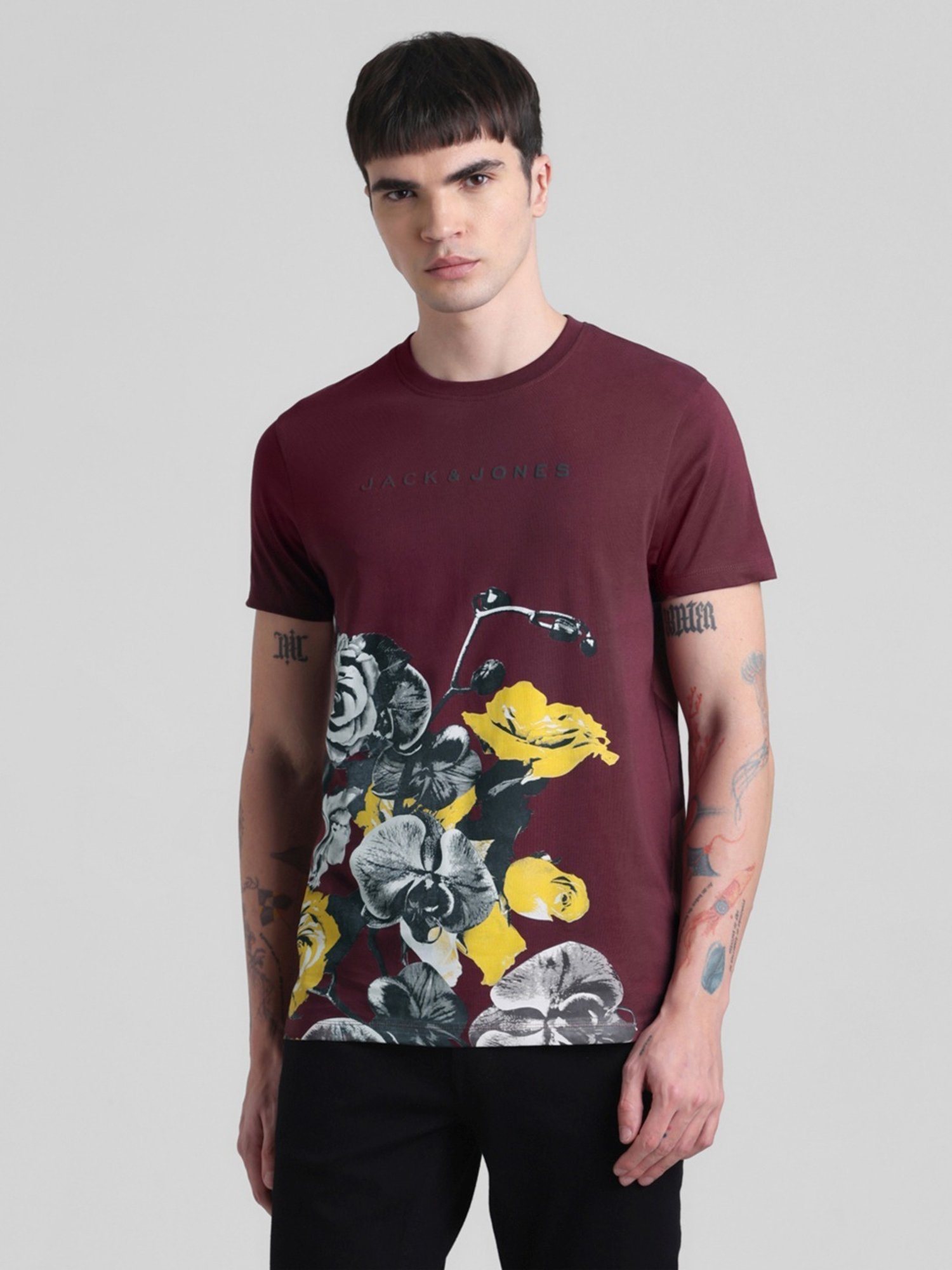 Jack & Jones Tawny Port Cotton Slim Fit Printed T-Shirt