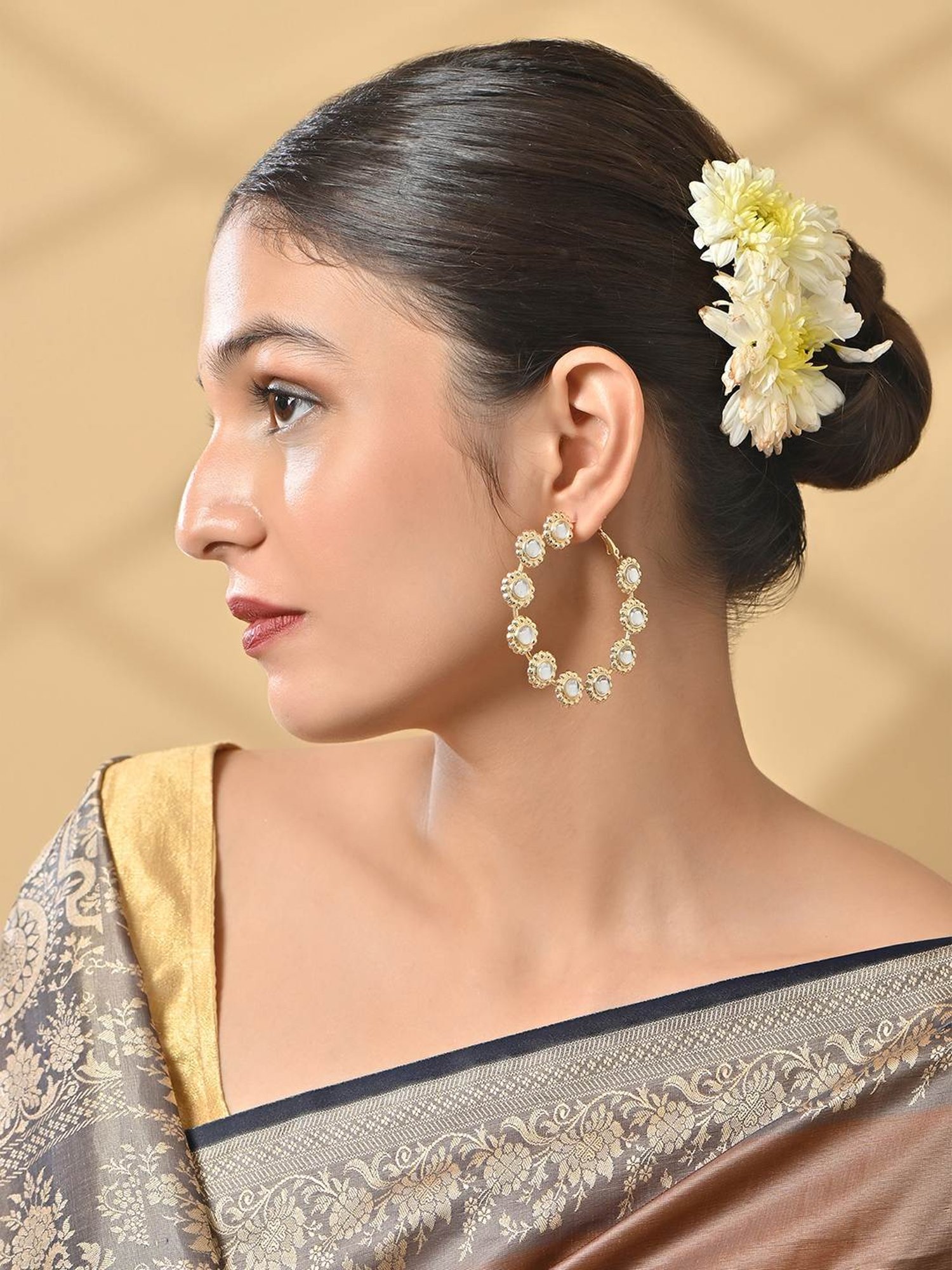 Fida Mehendi Gold and White Kundan Hoop Earrings for Women
