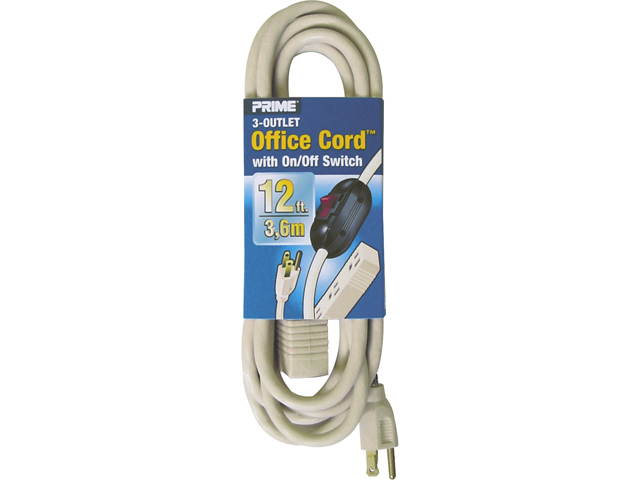 Prime Wire Model EC974612K 12 ft. 16/3 SJT 3-Outlet Office Cord With ln-Line Switch