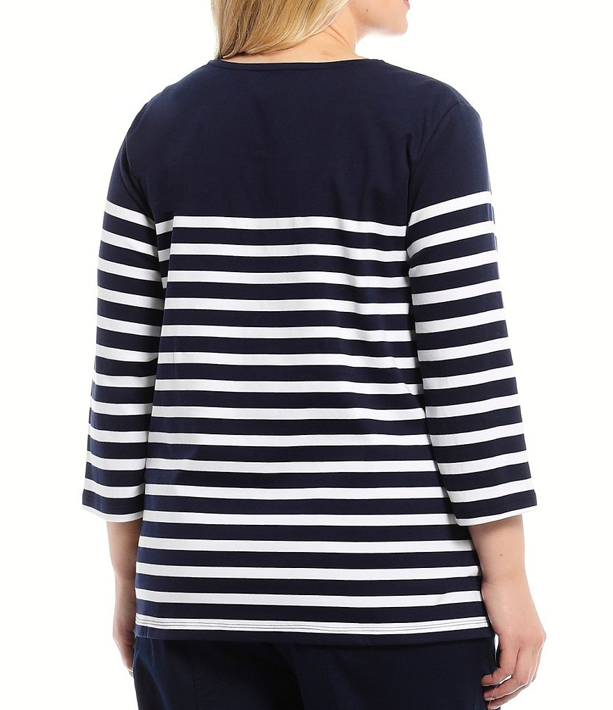 Allison Daley Plus Size Stripe Print 3/4 Sleeve Round Neck Top