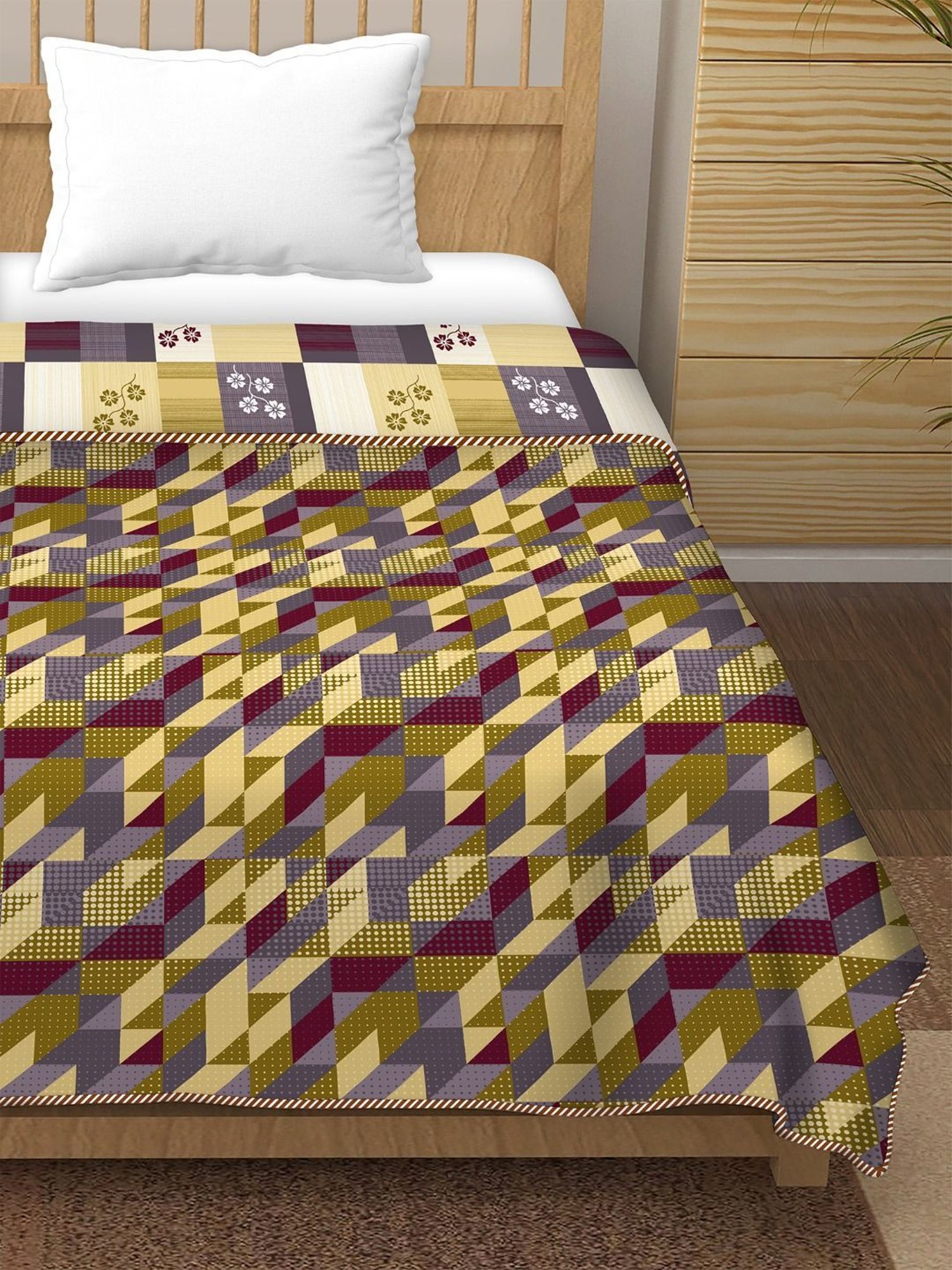 BELLA CASA Plum Printed Multicolor 180 TC Cotton Single Reversible AC Dohar