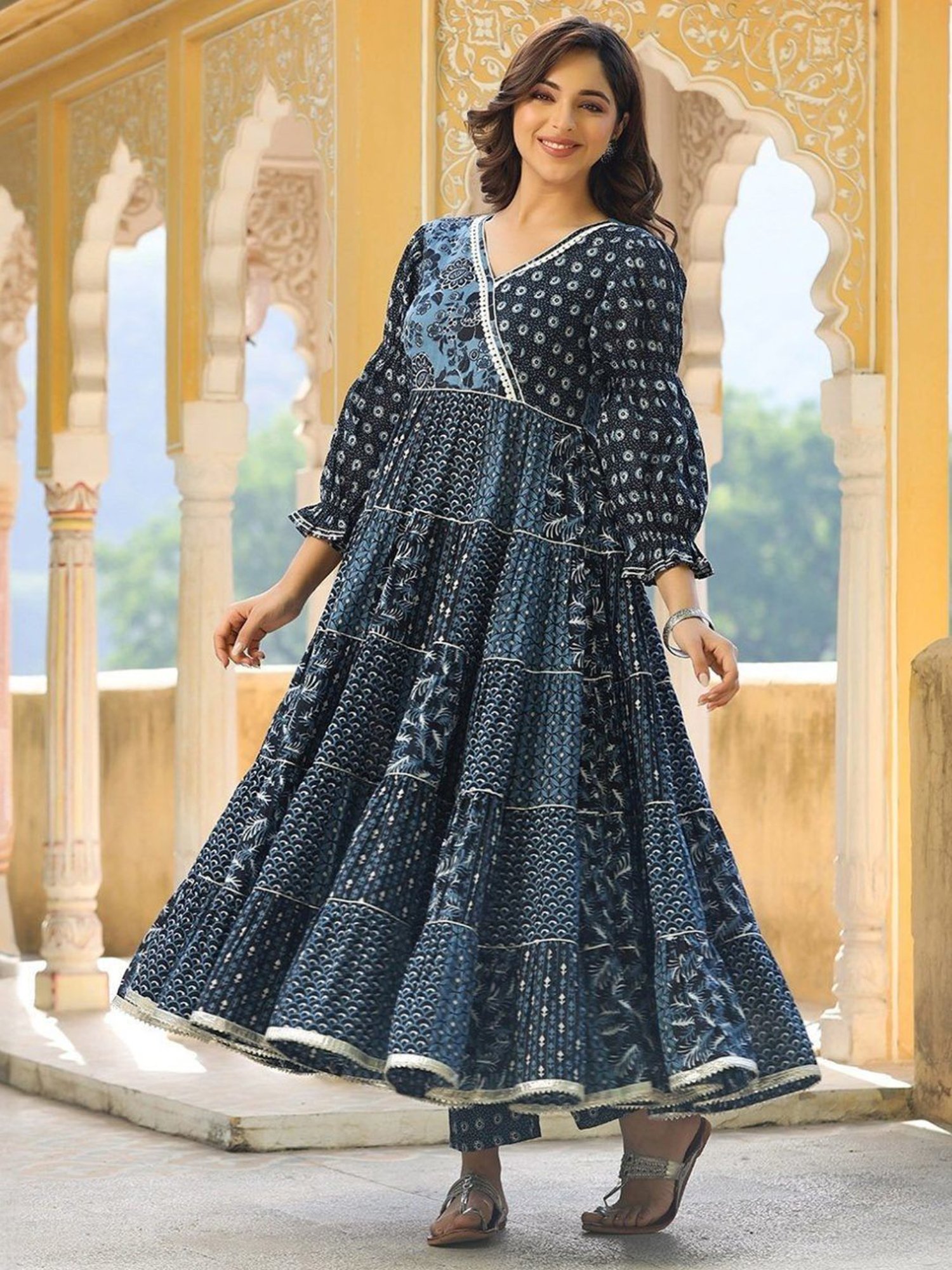 Everbloom Blue Navya Printed Angrakha Tiered Kurta With Pant