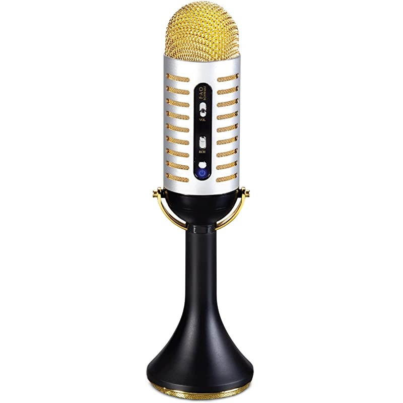 Karaoke Music Microphone w/Built-in Portable Handheld Speaker for Parties, Bluetooth & Smartphone Compatible, Vintage 20s Ribbon Style, USB, AUX Cable & Headphone Jacks, Rechargeable