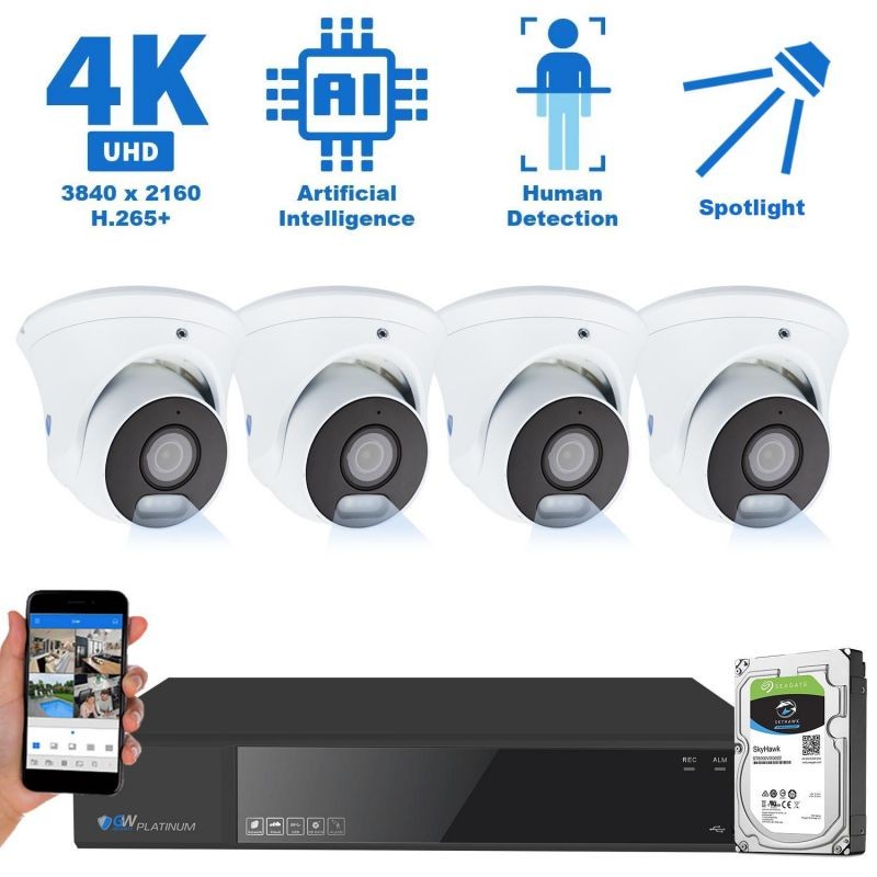 GW Security 8 Channel 15 Smart AI Functions Ultra HD 4K (8MP) Video & Audio Spotlight Color Night Vision Turret PoE IP Security Camera System (4 Cameras)