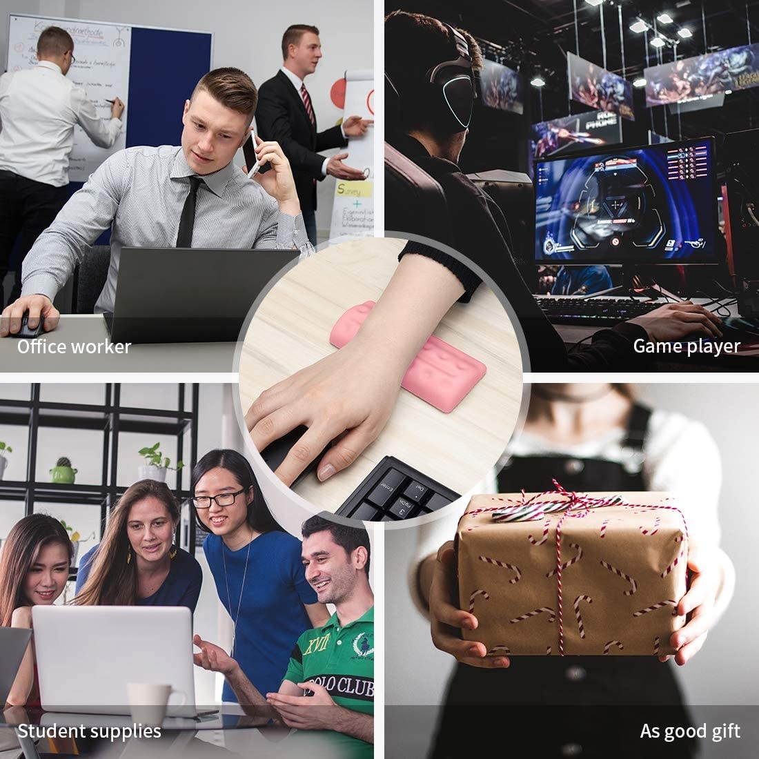 BUBM Keyboard Wrist Rest Mouse Wrist Pad Arm Support with Massage Holes Design, Ergonomic Memory Foam Hand Palm Rest, Comfortable Wrist Cushion & Easy-Tying for PC Gaming, Office, Computer(Pink Set)