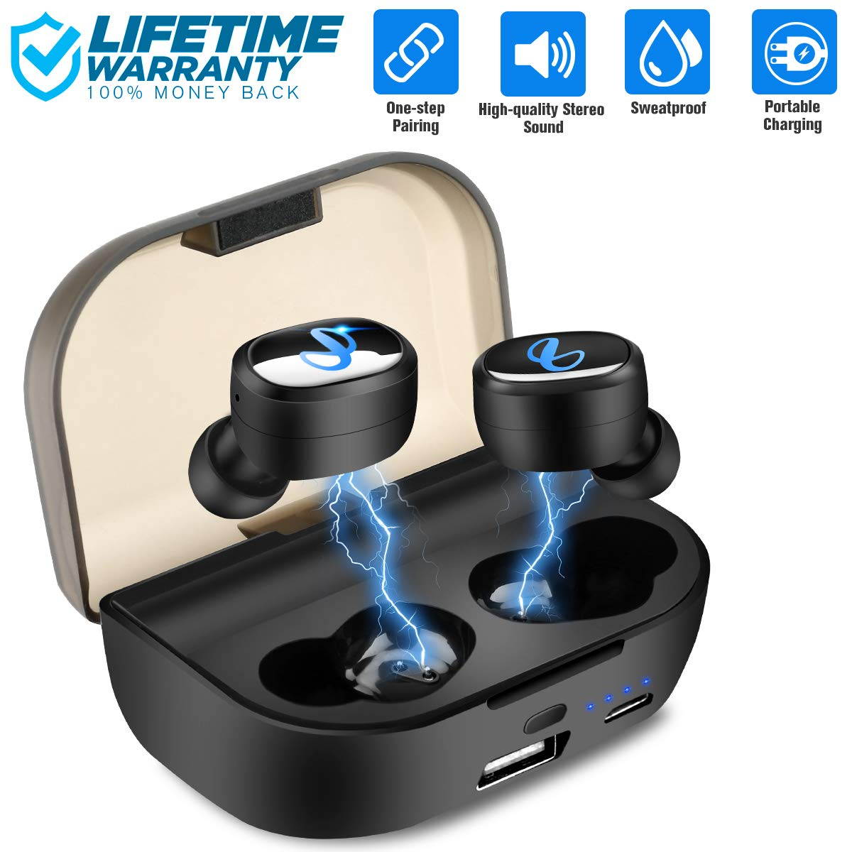 Bluetooth Wireless Earbuds, Sport Headphones Wireless HiFi Sound, Bluetooth 5.0 TWS Headphones 80H Playtime, Dual Built-in Mic, Auto Pairing with 2600mAh Charging Case Power bank, Waterproof Wireless
