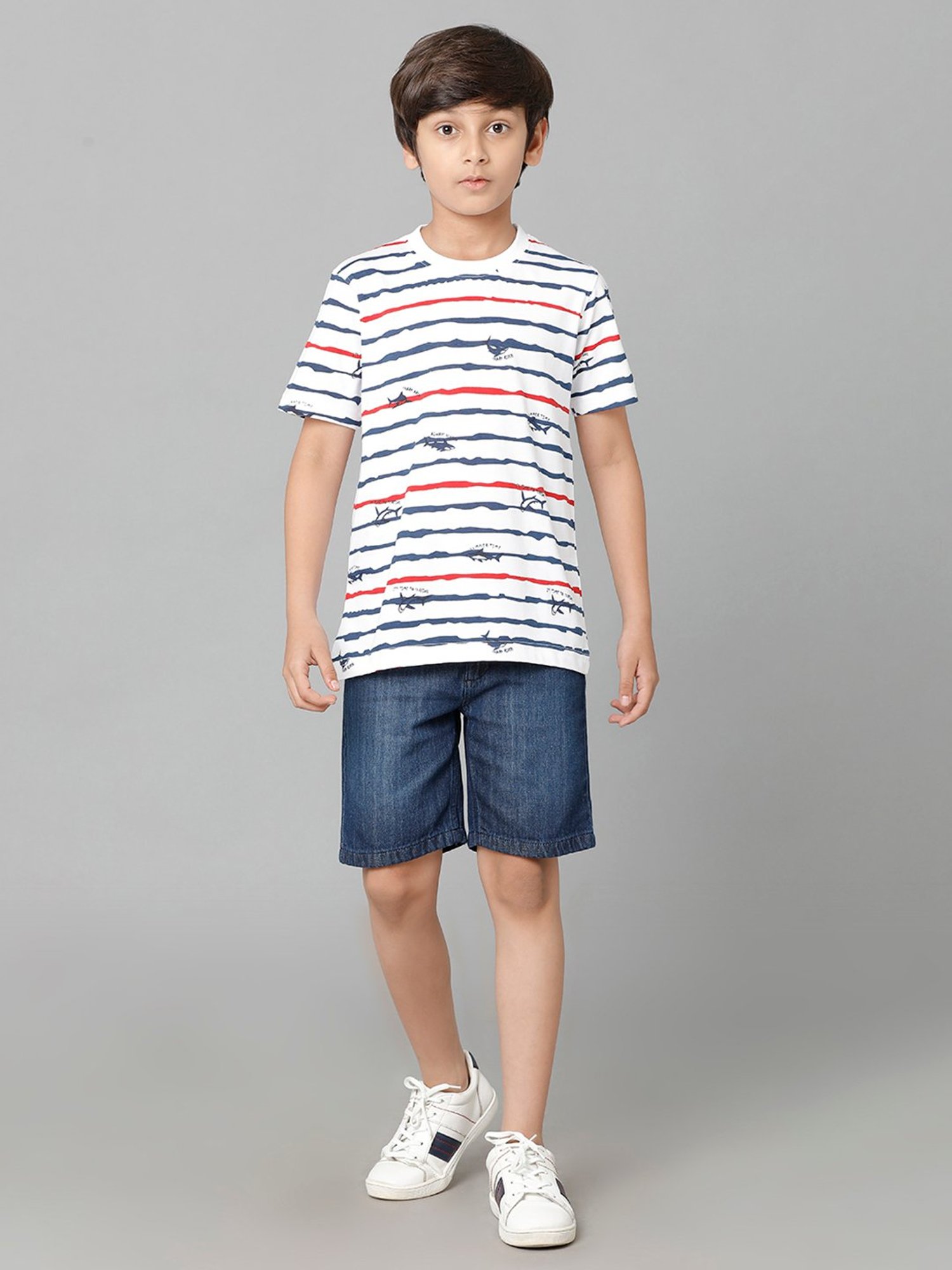 Under Fourteen Only Boys White & Navy Printed T-Shirt