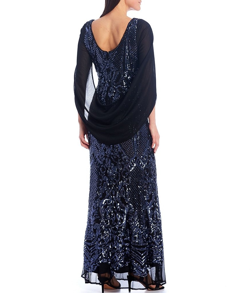 R & M Richards Drape Back Beaded Stretch Mesh Gown