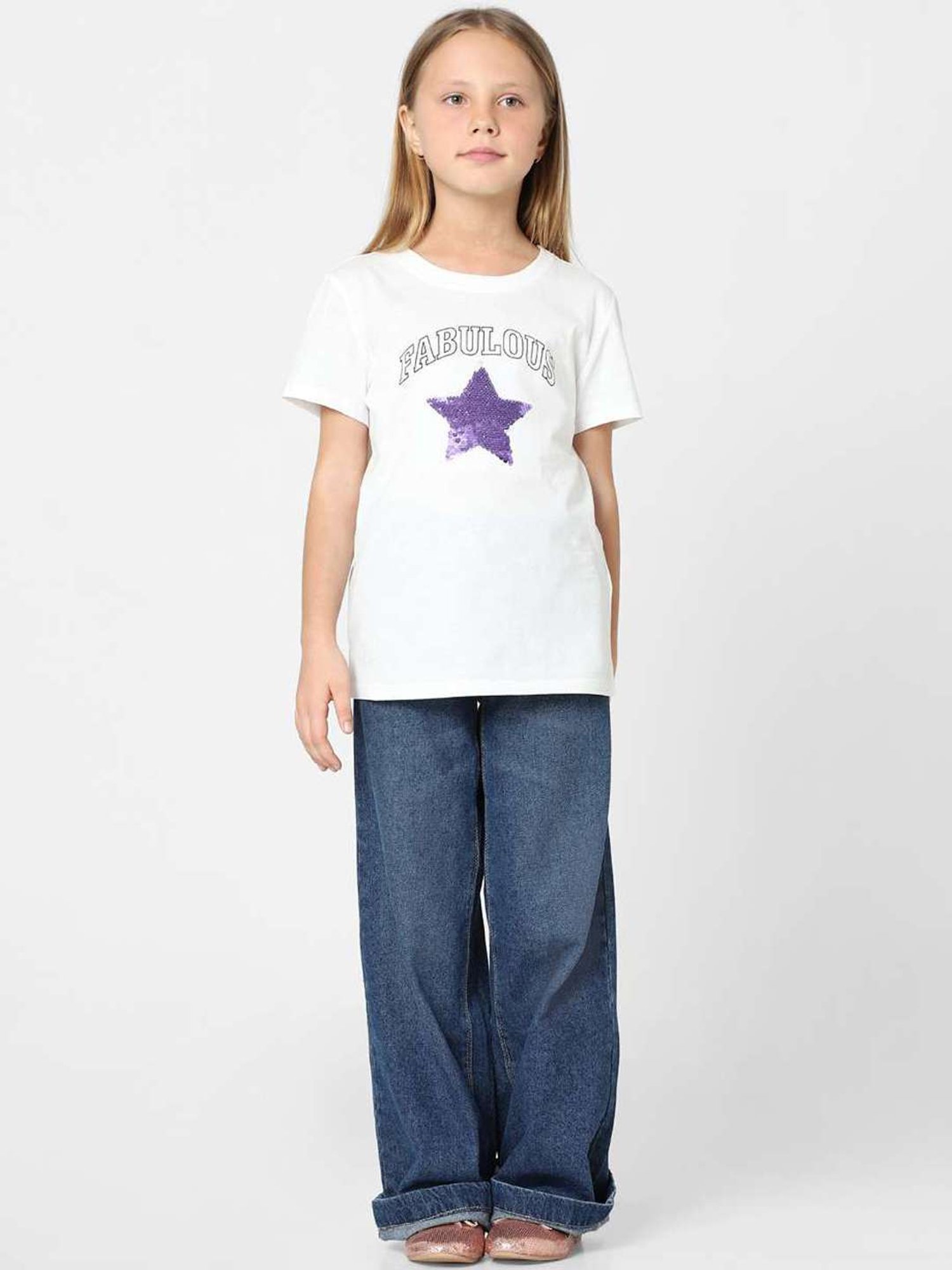 KIDS ONLY White & Purple Cotton Embellished T-Shirt