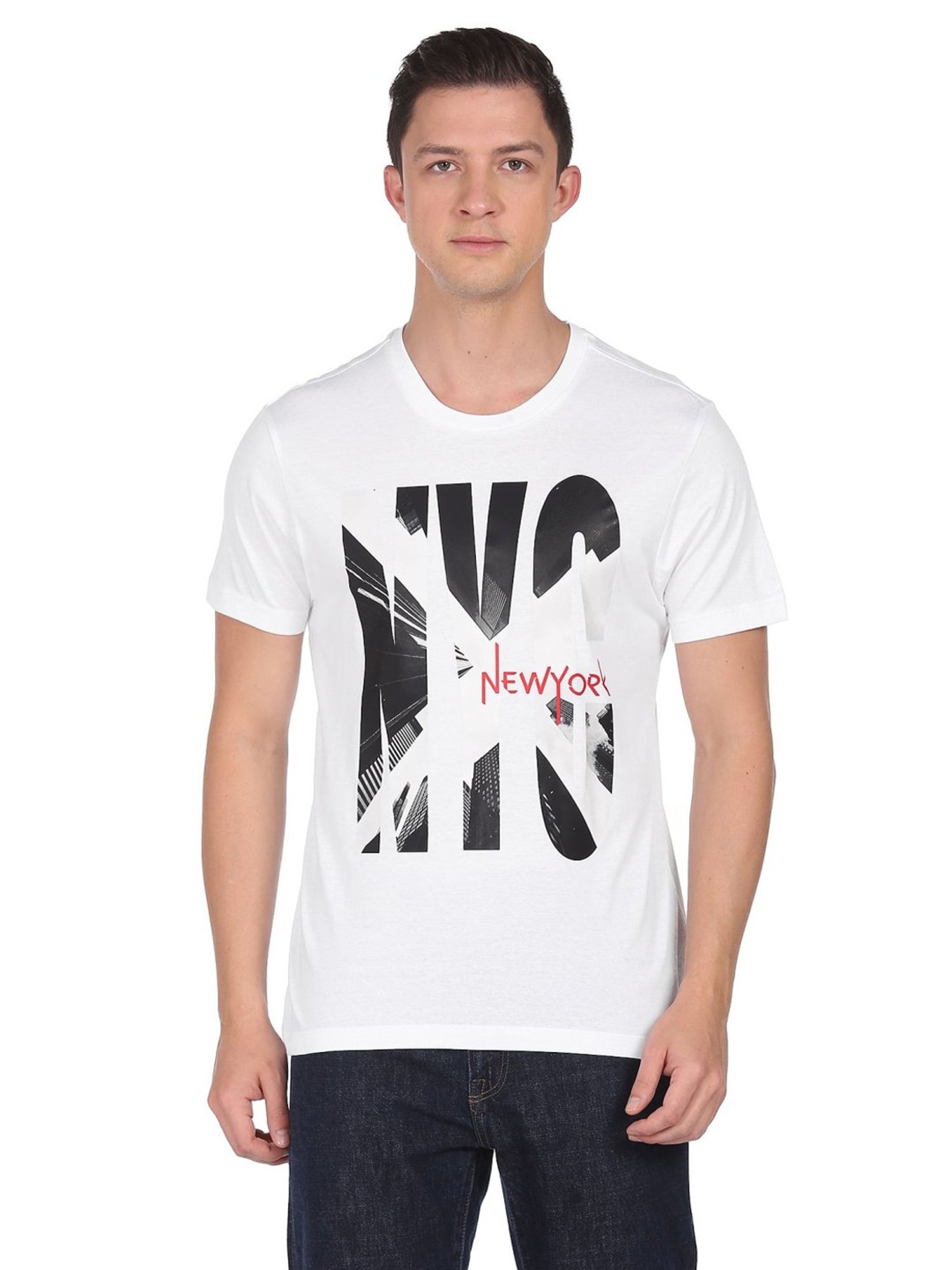Arrow New York White Cotton Regular Fit Printed T-Shirt