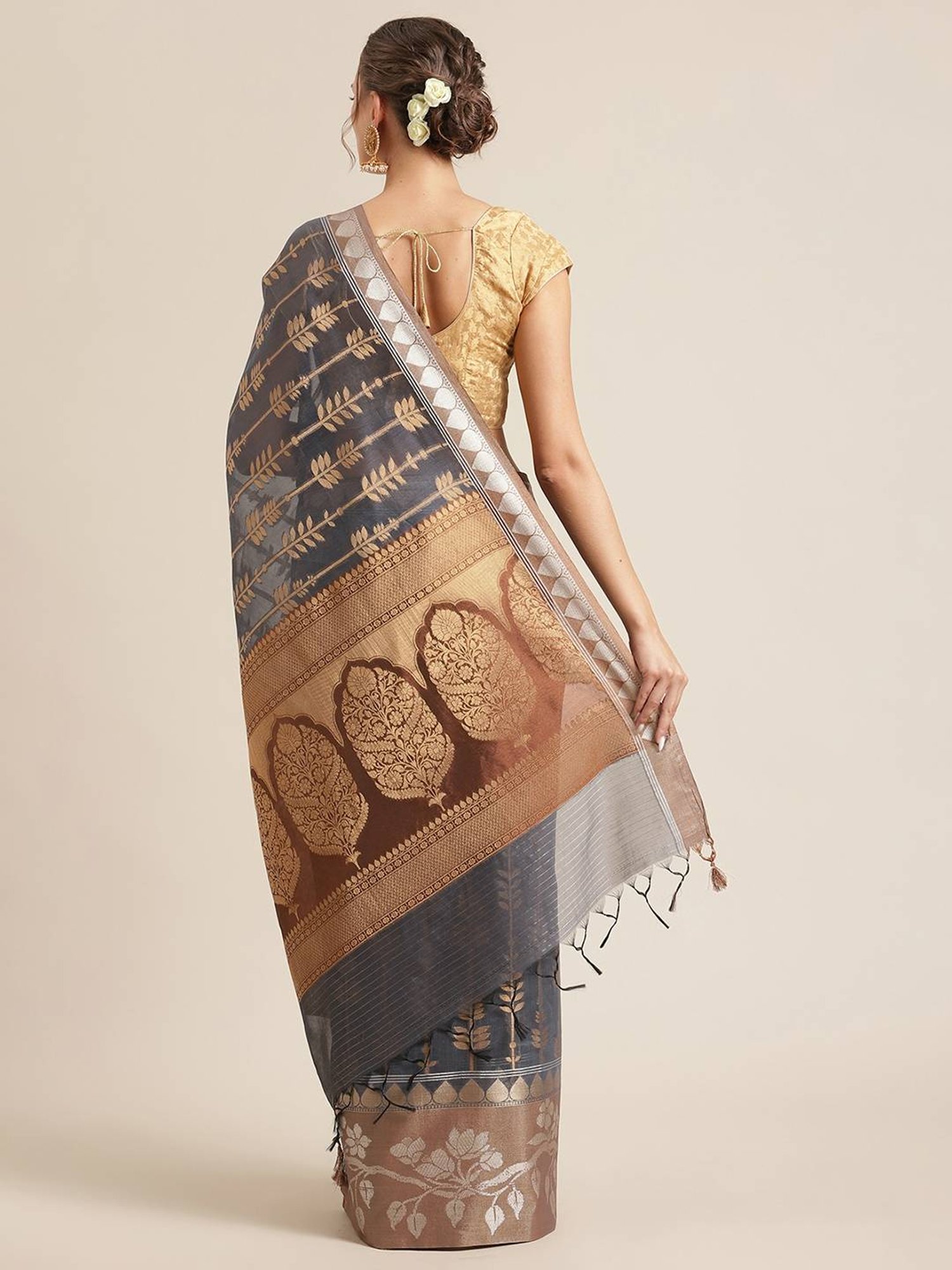 Banarasi Silk Works Grey Woven Saree with Blouse
