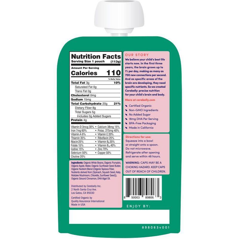 Cerebelly Clean Label Project Purity Award Winning,  White Bean Pumpkin Apple Organic Baby Food Pouch - 4oz