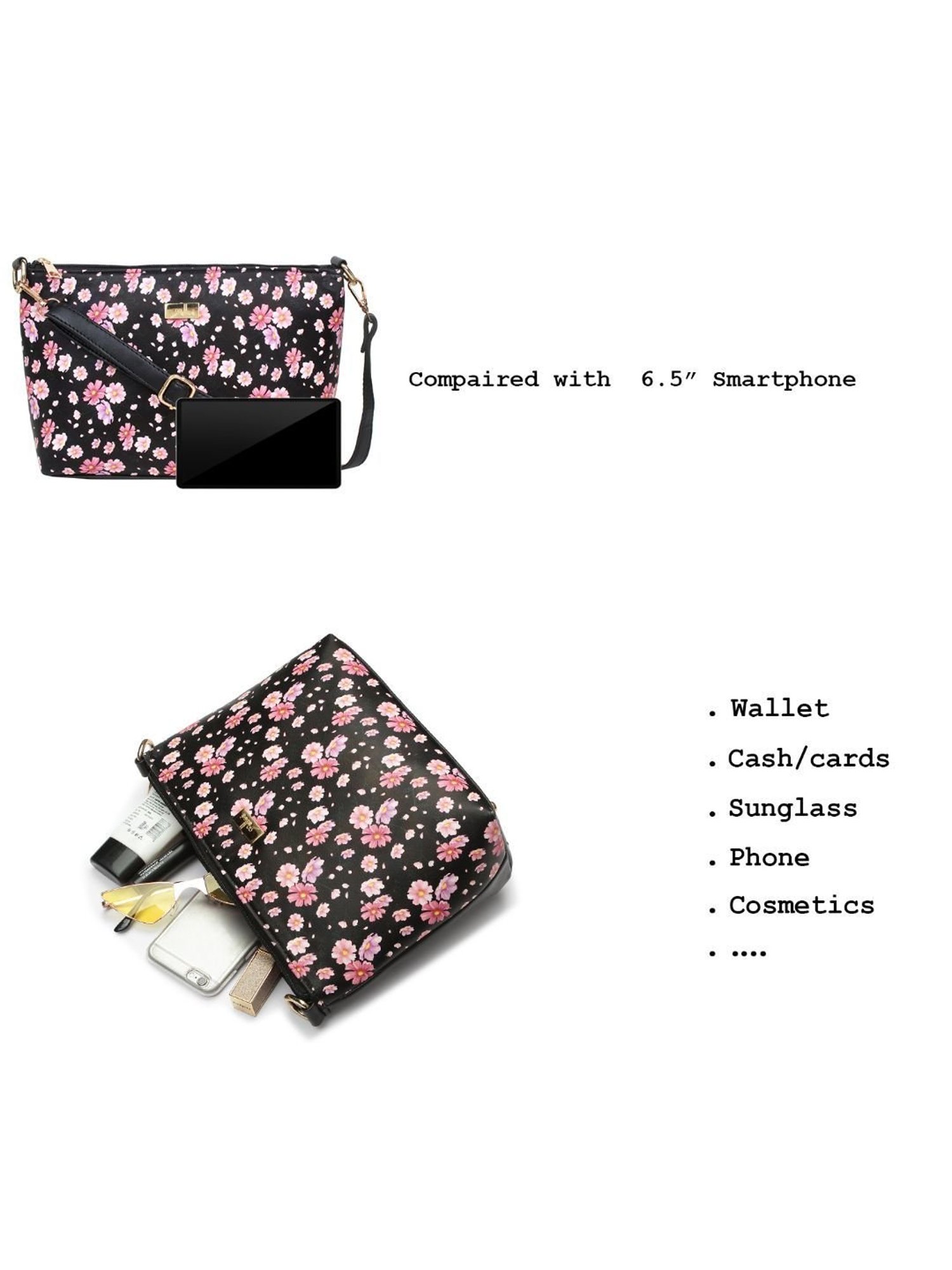 Yelloe Black Floral Medium Cross Body Bag