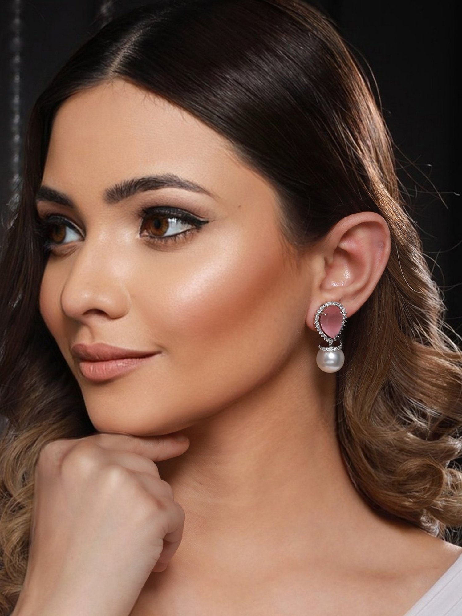 Saraf RS Jewellery White Pearl Beaded Pink AD Studded Minimal