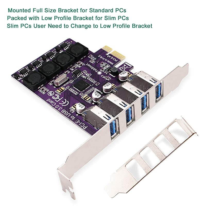 PCI ExpressPCIe 4 Ports USB 30 Expansion Card for Windows XP7Vista88110 Desktop ComputerSuperspeed 5Gbps BanwidthBuild in SelfPowered TechnologyFSU4LPro Purple