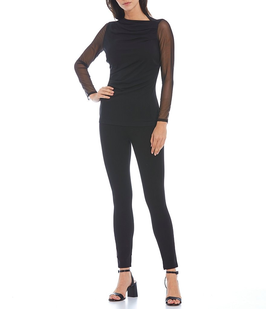 Donna Karan New York Drape Neck Long Mesh Sleeve Asymmetric Ruched Crepe Jersey Top