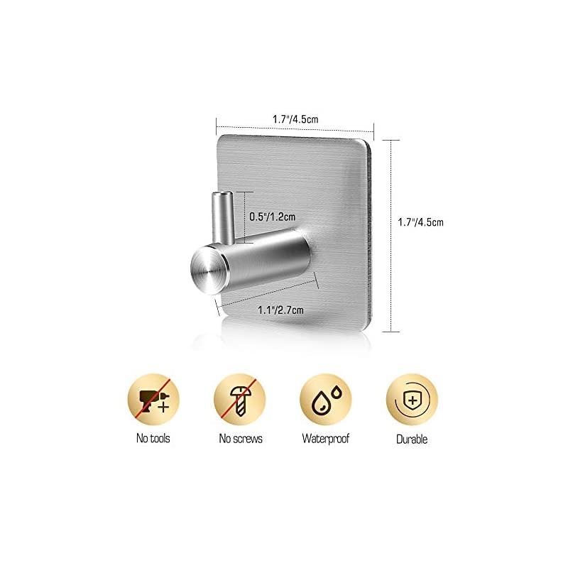 Adhesive Hooks,  [4 Pack] Heavy Duty Durable 304 Stainless Steel Wall Hangers, Waterproof Rustproof Oil Proof for Kitchen, Bathrooms, Doors, Office, Closet-Silver