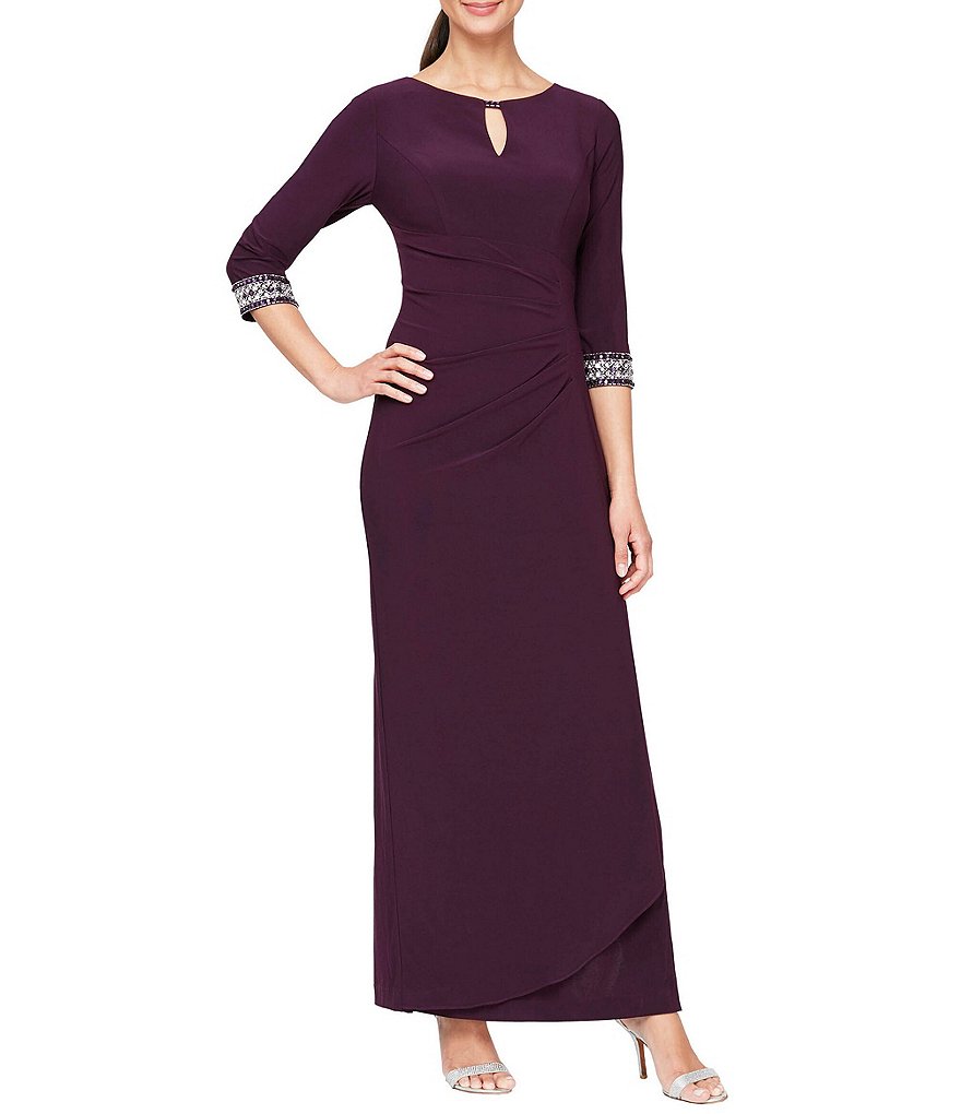 Alex Evenings Petite Size Round Keyhole Neck 3/4 Sleeve Side Ruched Embellished Cuff Gown
