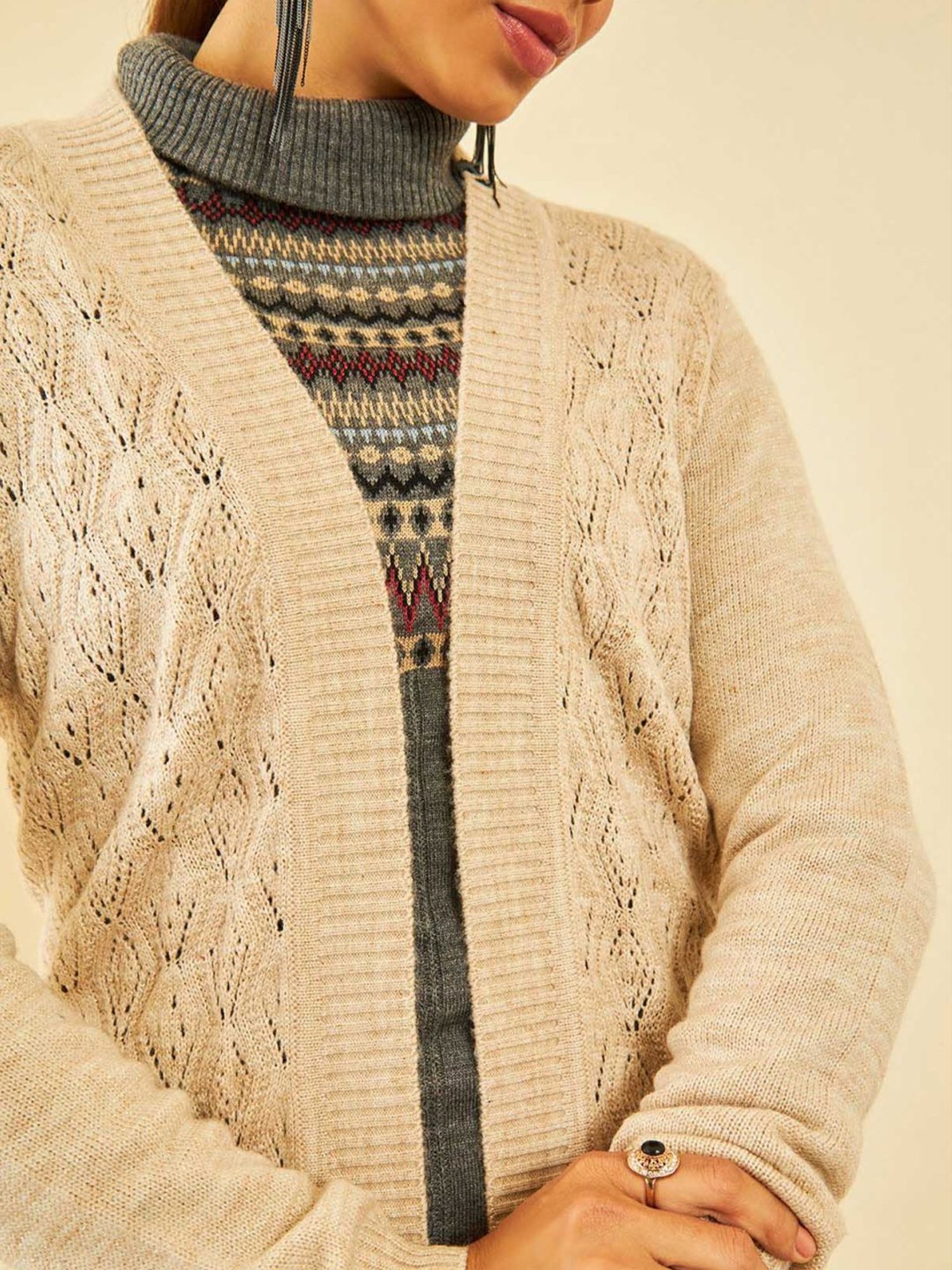 Soch Beige Acrylic Chevron Pattern Knitted Open-Front Longline Shrug