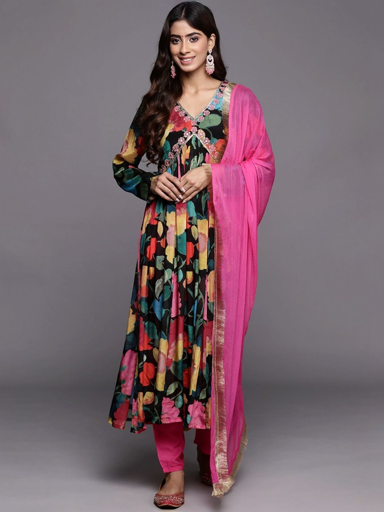 Varanga Black & Pink Floral Print Kurta Pant Set With Dupatta