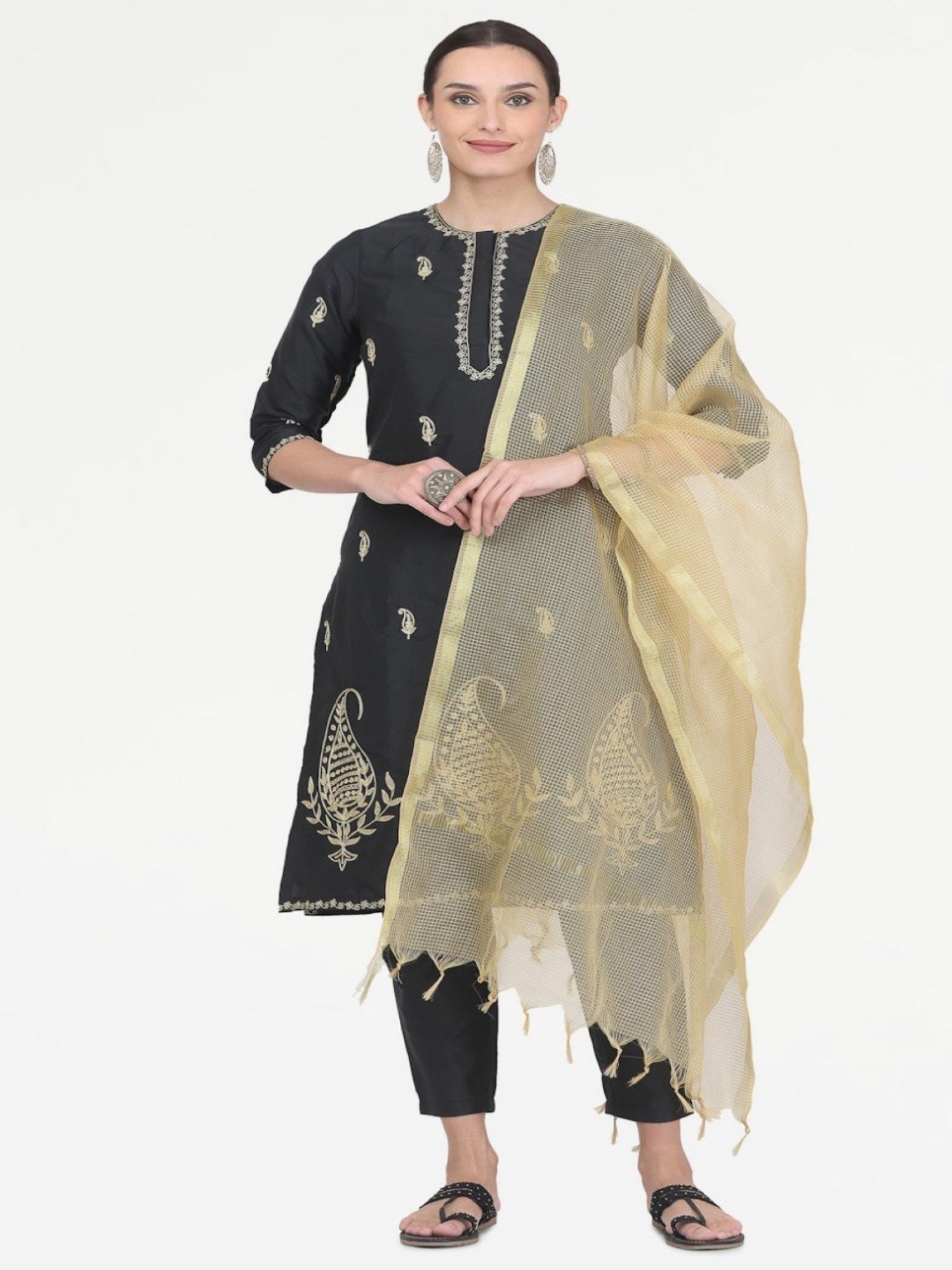 Kaanchie Nanggia Black Taffeta Embroidered Kurta Pant with Chanderi Duatta