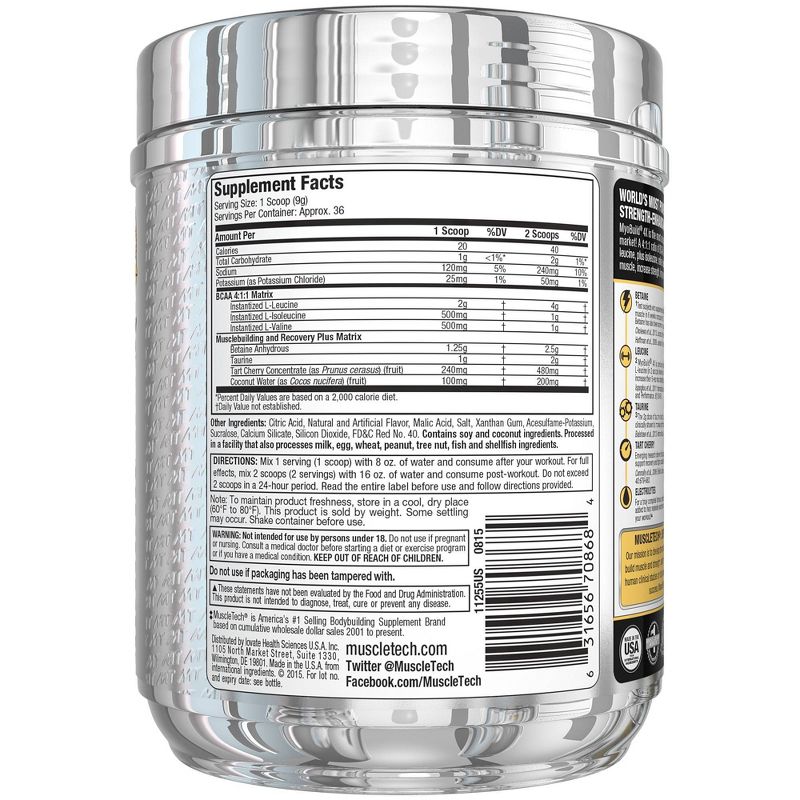 Muscletech Myobuild BCAA Amino Acids Recovery Supplement - Fruit Punch Blast - 11.71oz