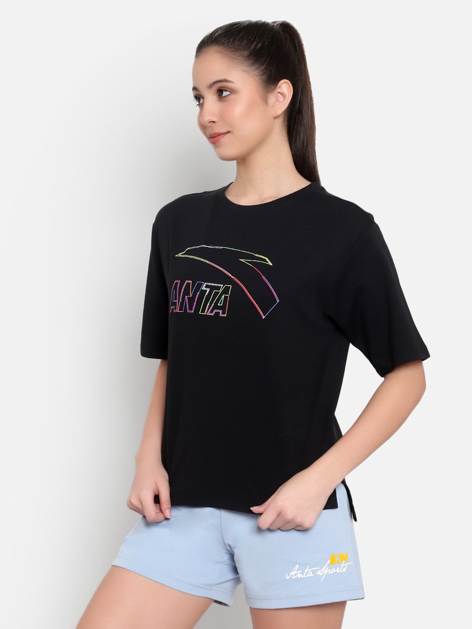 Anta Black Cotton Printed Sports T-Shirt