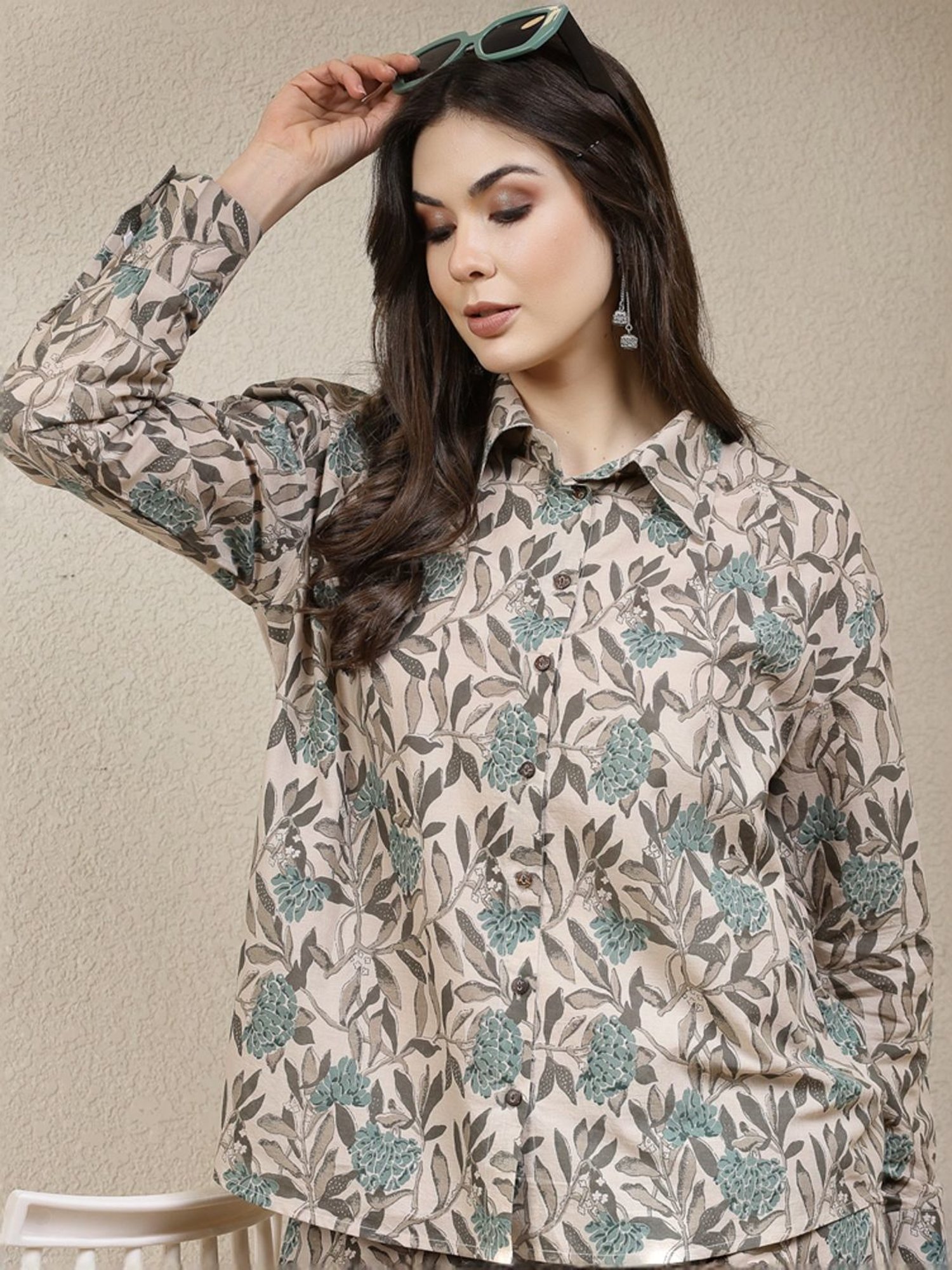 Stylum Beige & Green Floral Print Top & Pants Set
