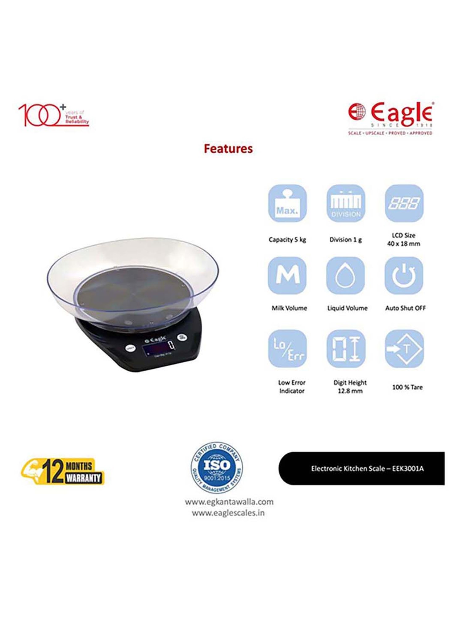 Eagle EEK-3001A Digital Weight Machine for Kitchen 5 kg Capacity,1 g Accuracy,Kitchen Weighing Scale