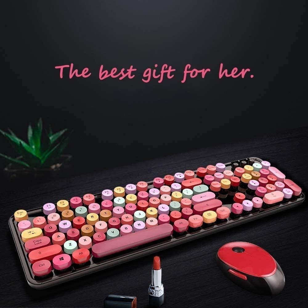 Keyboard and Mouse Combo, 2.4GHz USB Wireless 104-Key Mechanical Feeling Keys Silent Quiet for Office and Gaming, Retro Steampunk Vintage Style Old Fashion Round Keycap Yangmani (Color : Red)