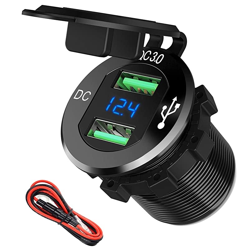 12V USB Outlet,  12V/24V 36W Aluminum Waterproof Dual QC3.0 USB Fast Charger Socket Power Outlet Adapter w/LED Digital Voltmeter for Car, Marine, Boat, Motorcycle, Truck, Golf Cart, etc