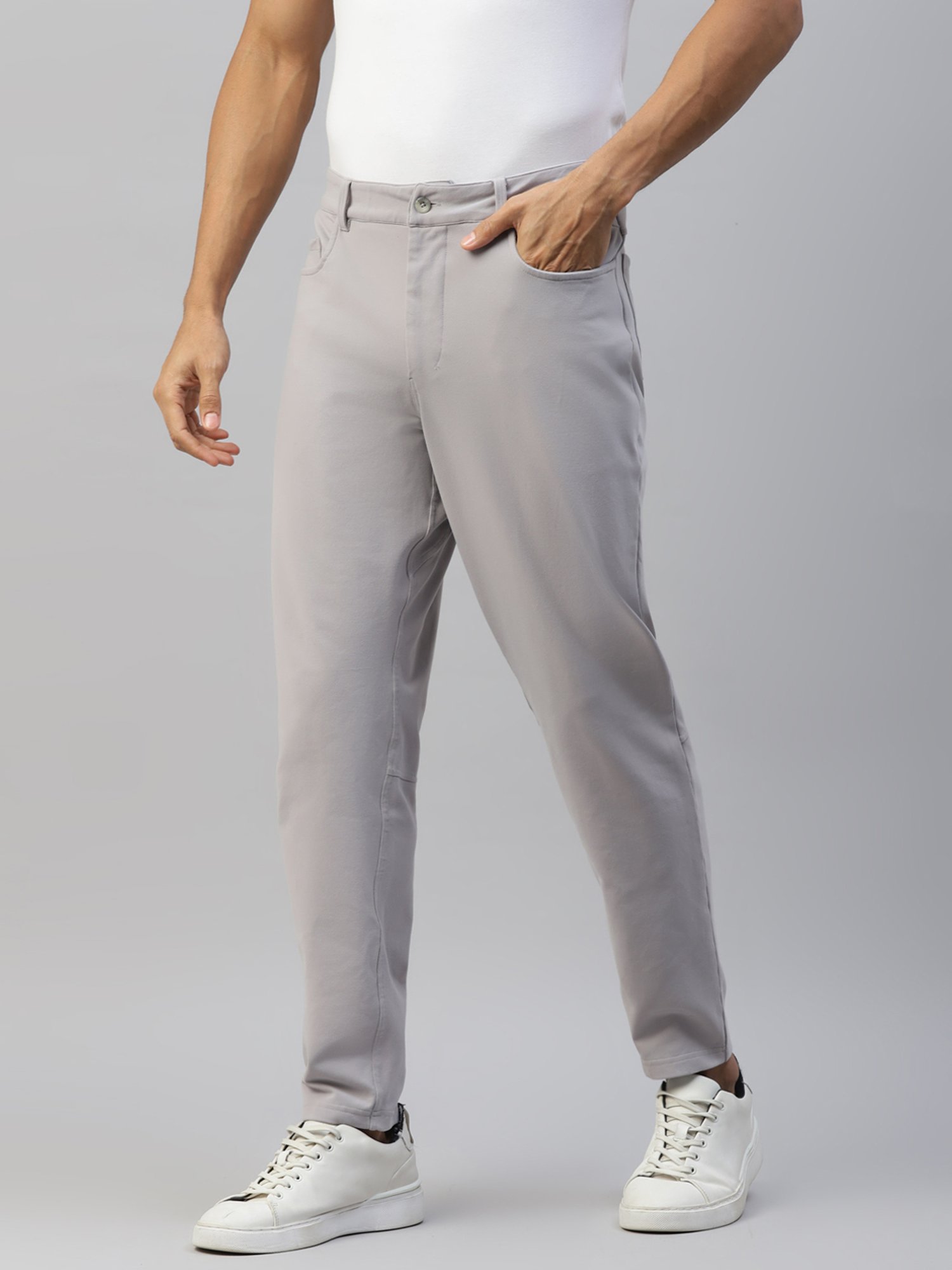Slowave Light Grey Regular Fit Flat Front Trousers