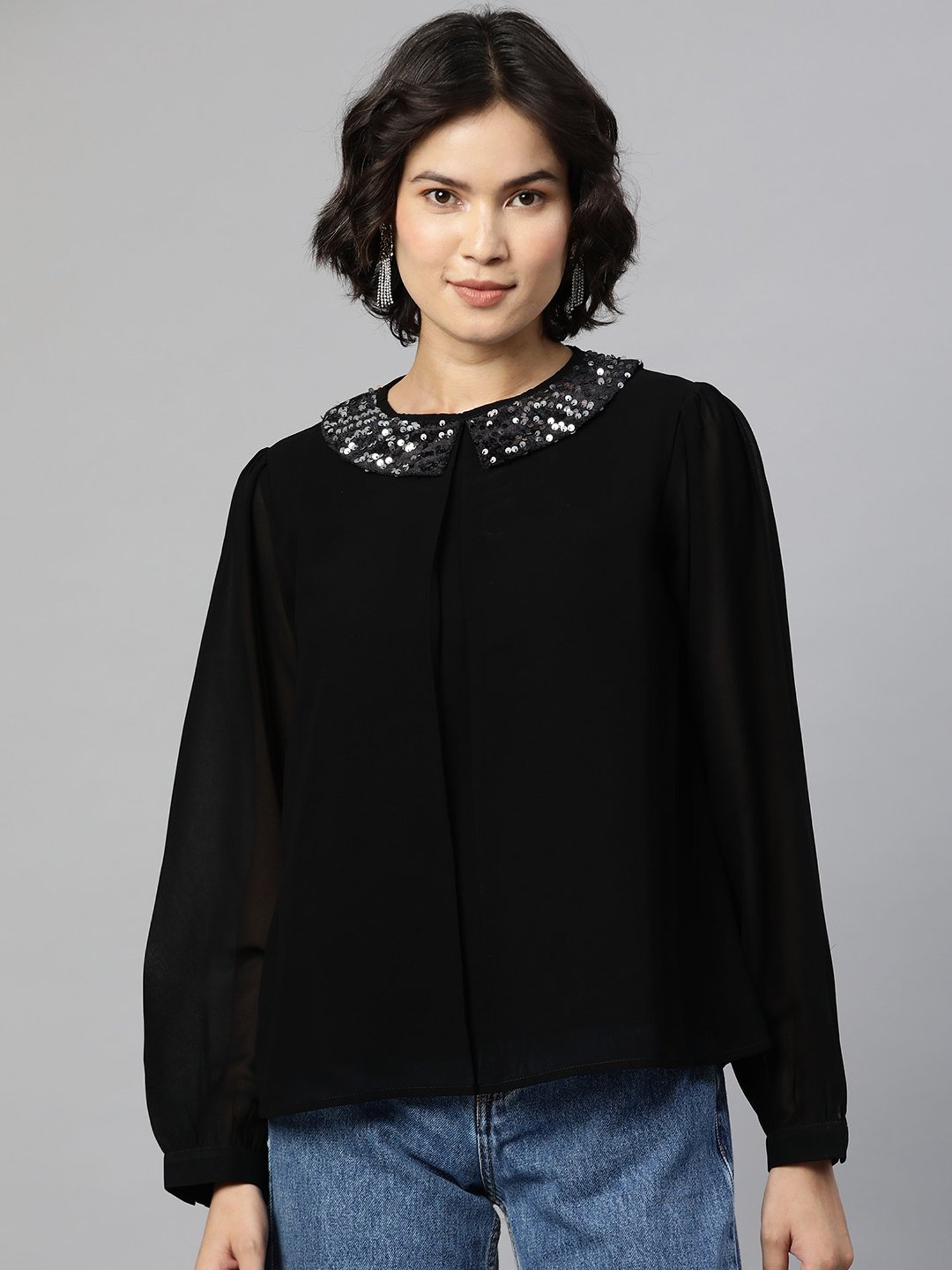 Cottinfab Black Embroidered Georgette Top