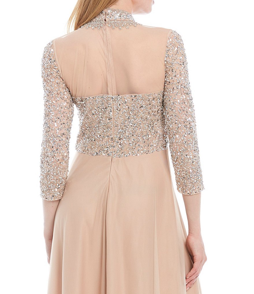 Pisarro Nights Beaded Illusion Mock Neck 3/4 Sleeve Gown