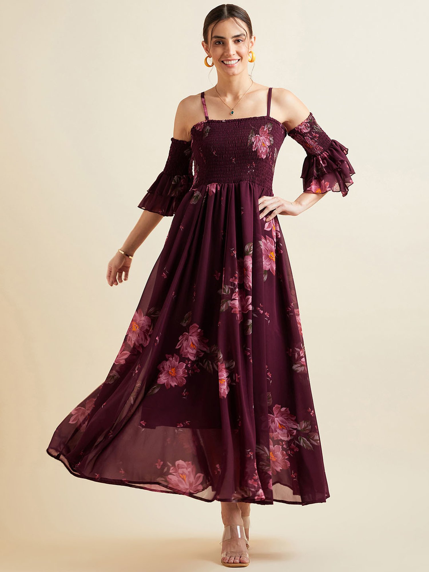 PANIT Maroon Floral Print Ethnic Dress