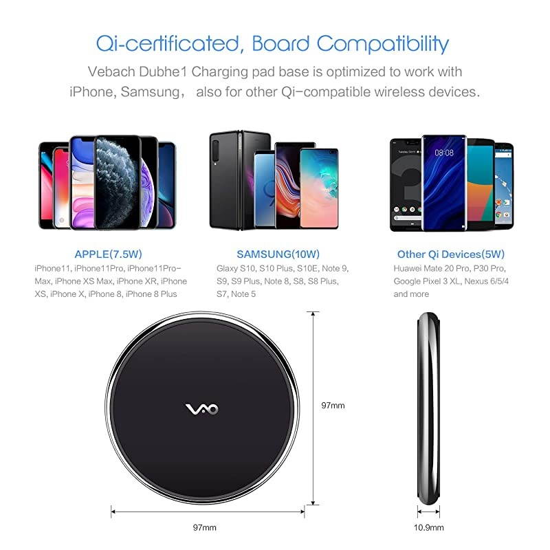 Wireless Charger, Qi Certified Fast Wireless Charging Pad Compatible with iPhone 11/11 Pro/11 Pro Max/S/XS Max/XR, 7.5W for iPhone X/8/8Plus, 10W for Samsung Galaxy Note 8 S7 S8 S9