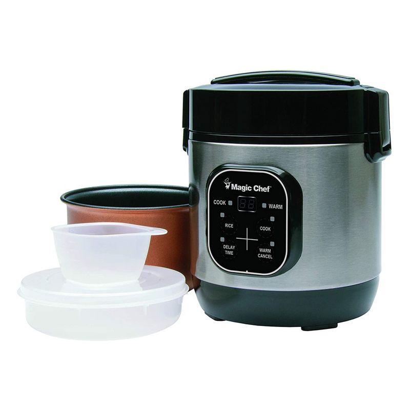 Magic Chef MCSRC03ST 3 Cup Cooked Non Stick Steamer Rice Cooker, Stainless Steel