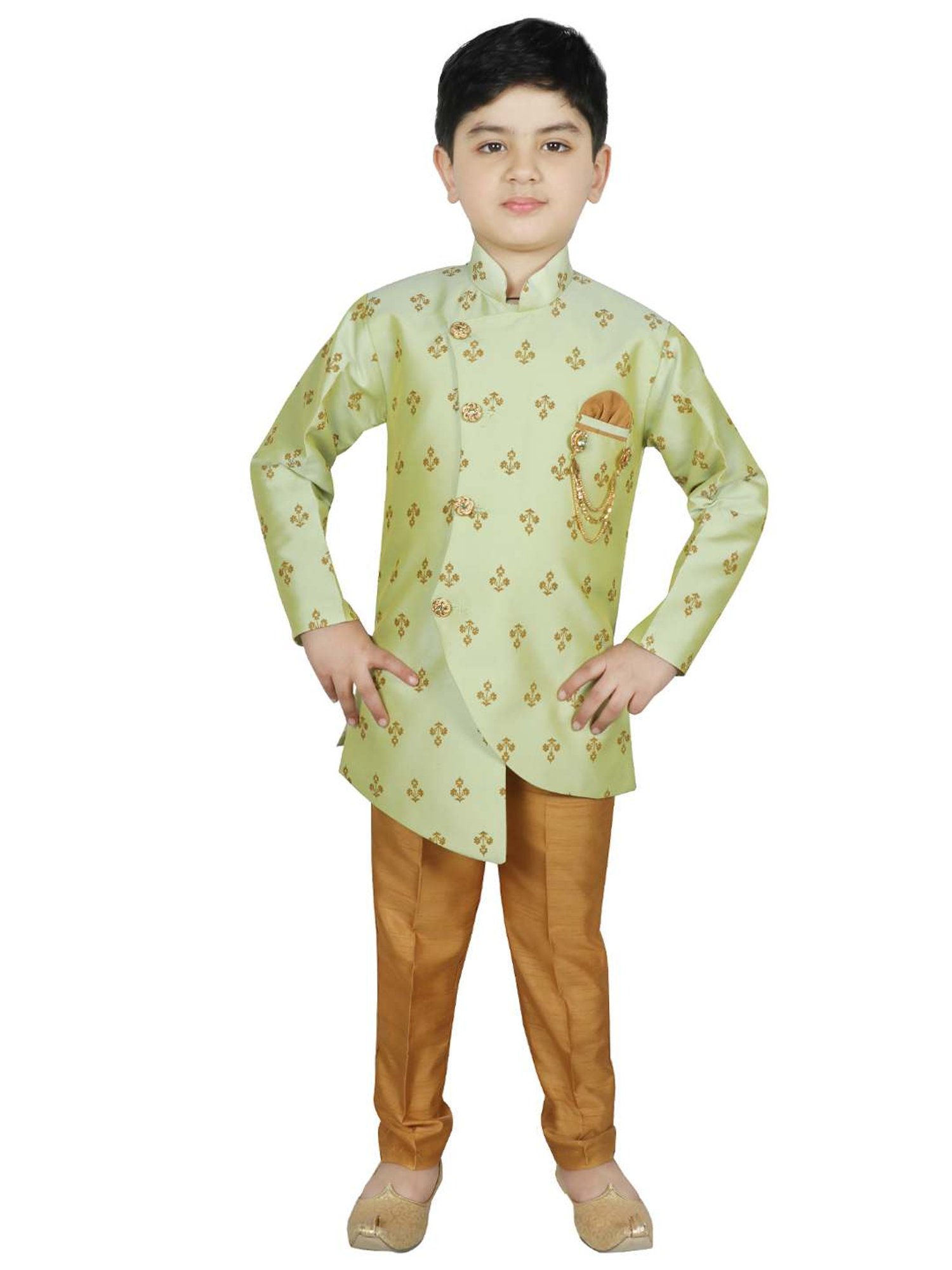 VASTRAMAY Boys Turquoise Floral Full Sleeves Indowestern