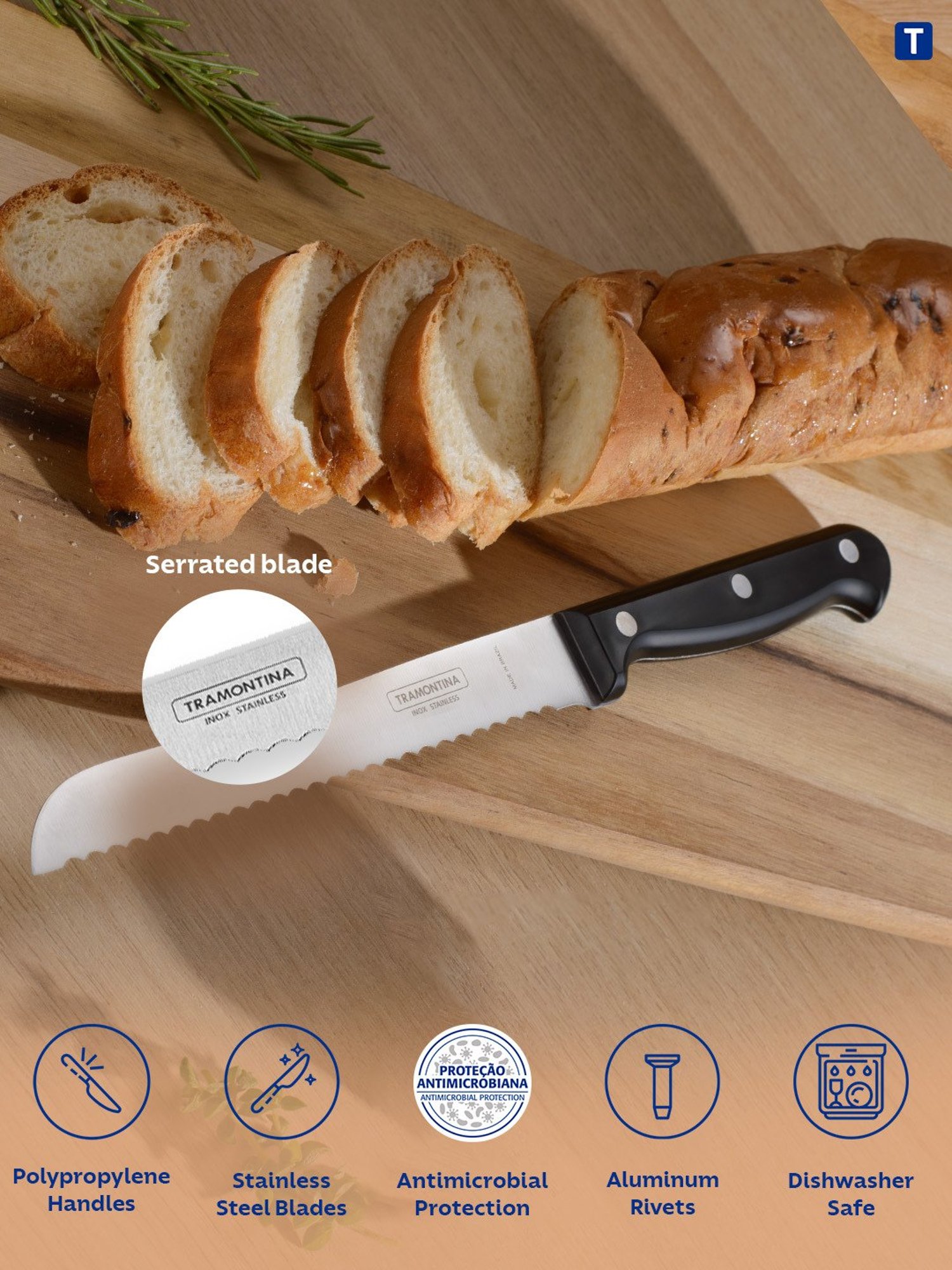 Tramontina Ultracorte Stainless Steel Bread Knife Serrated Edge 6.6" Kitchen Knife Antimicrobial