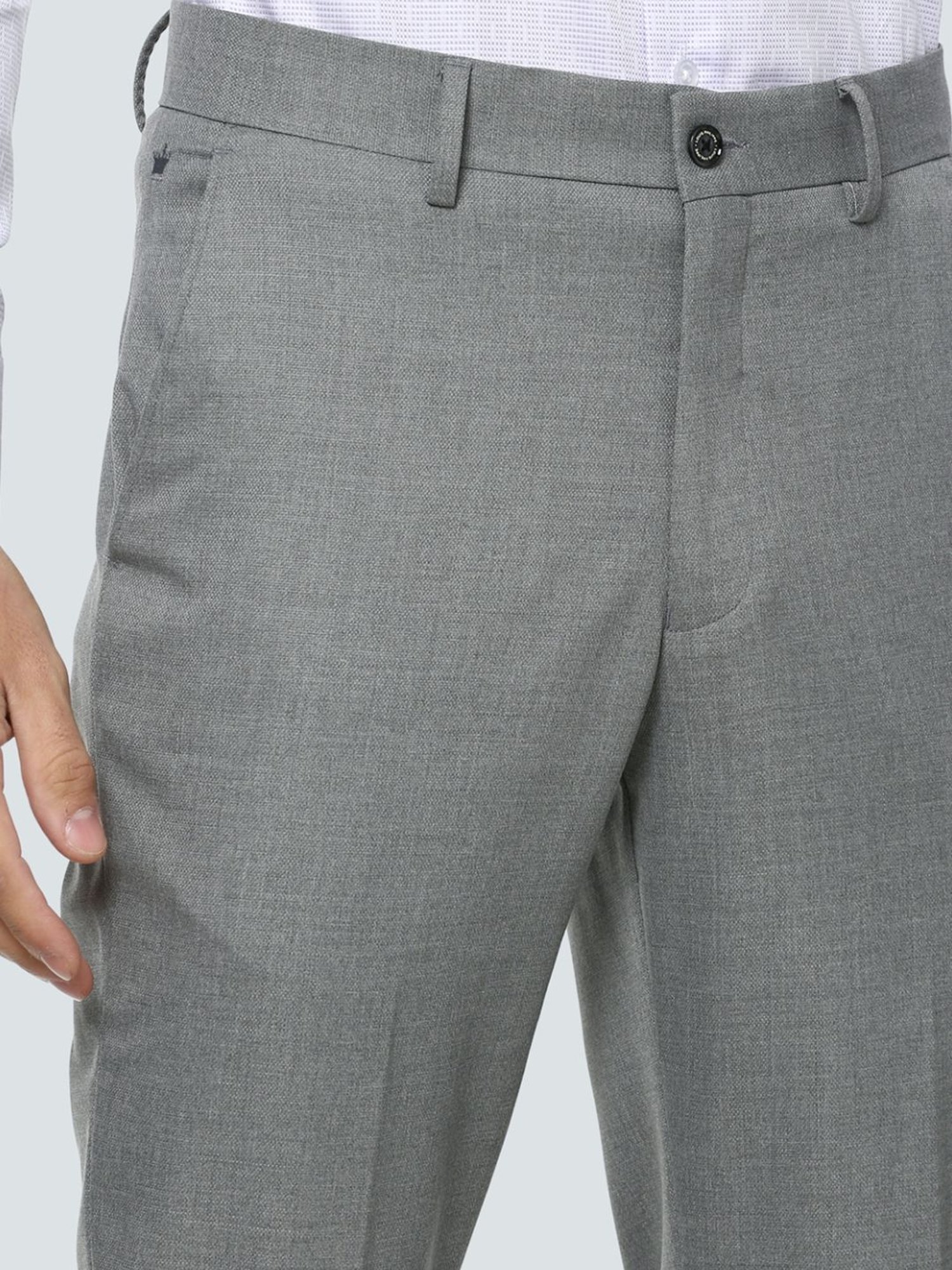 Louis Philippe Grey Slim Fit Self Pattern Flat Front Trousers