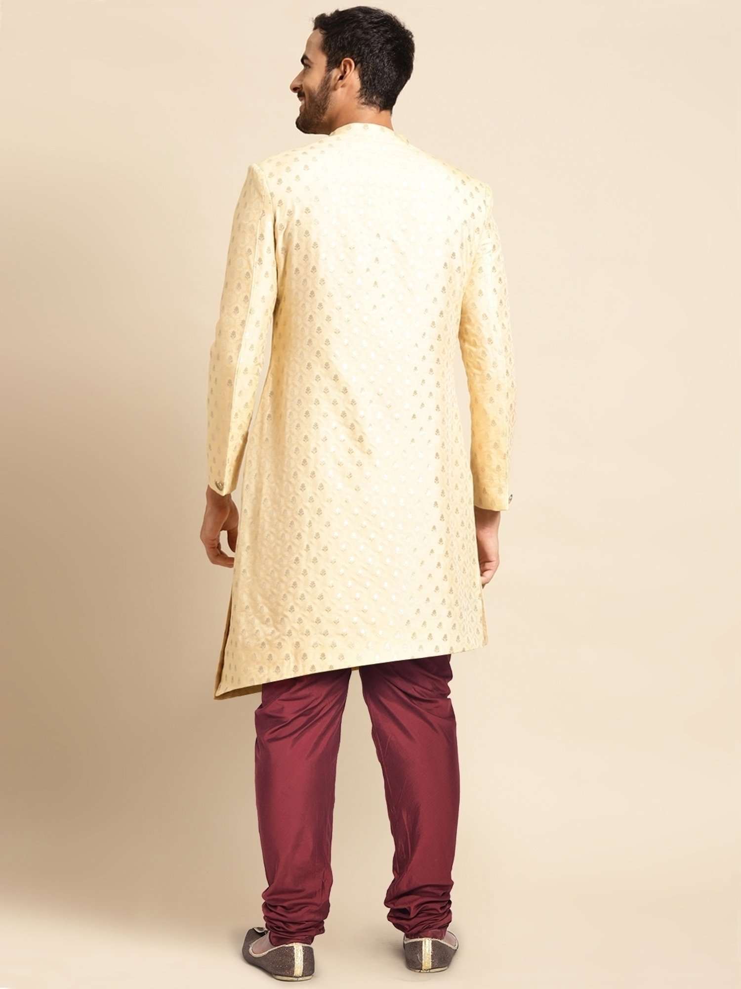 Hangup Plus Beige & Black Regular Fit Printed Sherwani Set