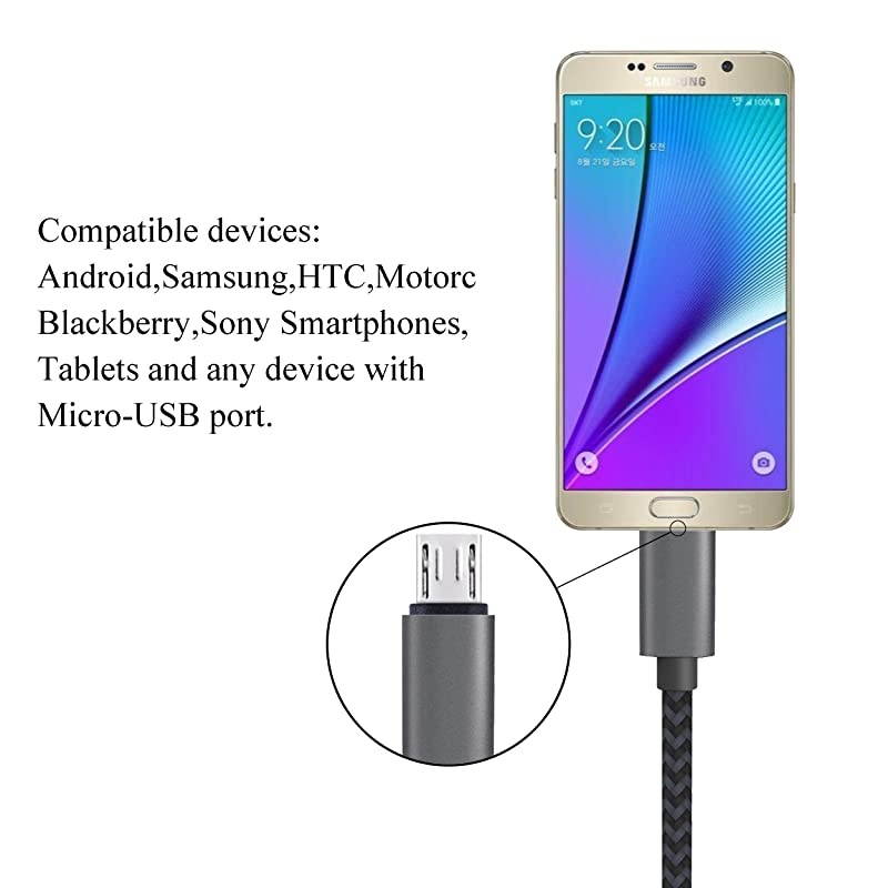 Micro USB Cable 10ft 3Pack by  High Speed 20 USB A Male to Micro USB Sync Charging Nylon Braided Cable for Android Phone Charger Cable Tablets Wall and Car Charger Connection BlackGrey