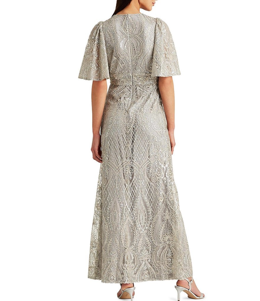 Jkara Chiffon Popover Beaded V-Neck 3/4 Capelet Sleeve Gown