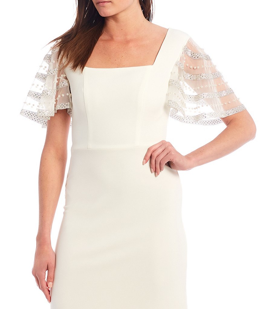 Betsy & Adam Beaded Flutter Sleeve Scuba Crepe Gown