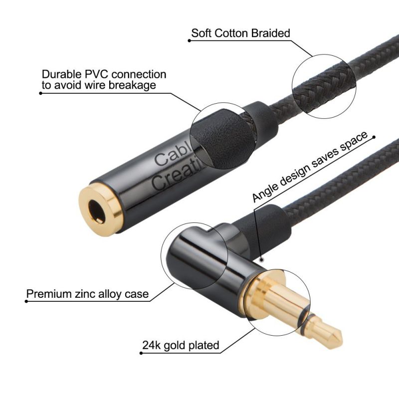 3.5MM Extension,CableCreation Right Angle Male to Female Audio Stereo Cable,Jack HiFi Cable with Silver-Plating Copper Compatible iPhones,Tablets,Sony Beats,PS4 Headset,24K Gold Plated, Black/1.5FT