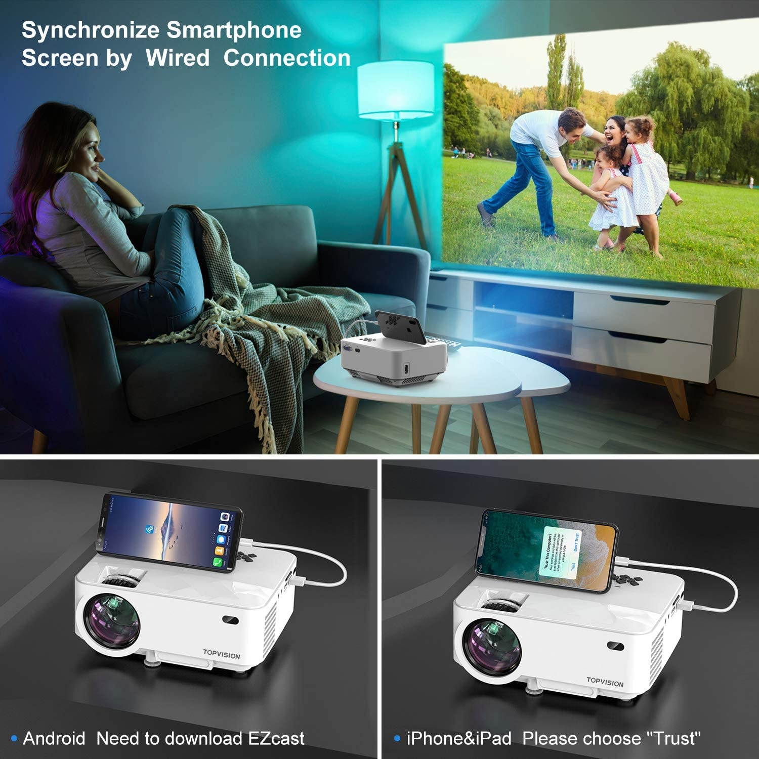 Topvision Mini Projector 5500 LUX, Full HD 1080P Supported Portable Bluetooth Projector, Compatible with Fire Stick,HDMI,VGA,USB,AV,Laptop,PS4