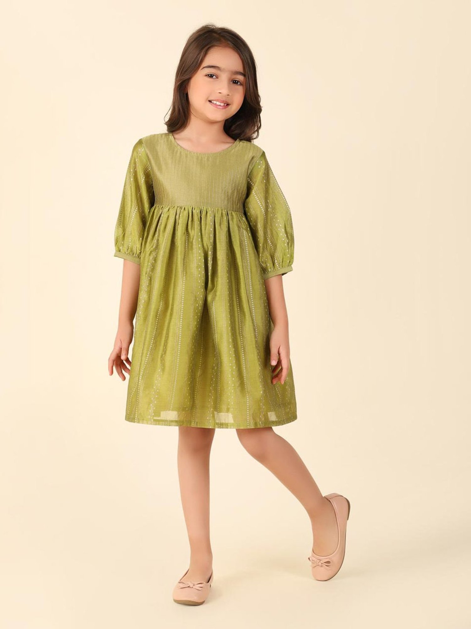 Fabindia Kids Green Printed Dress